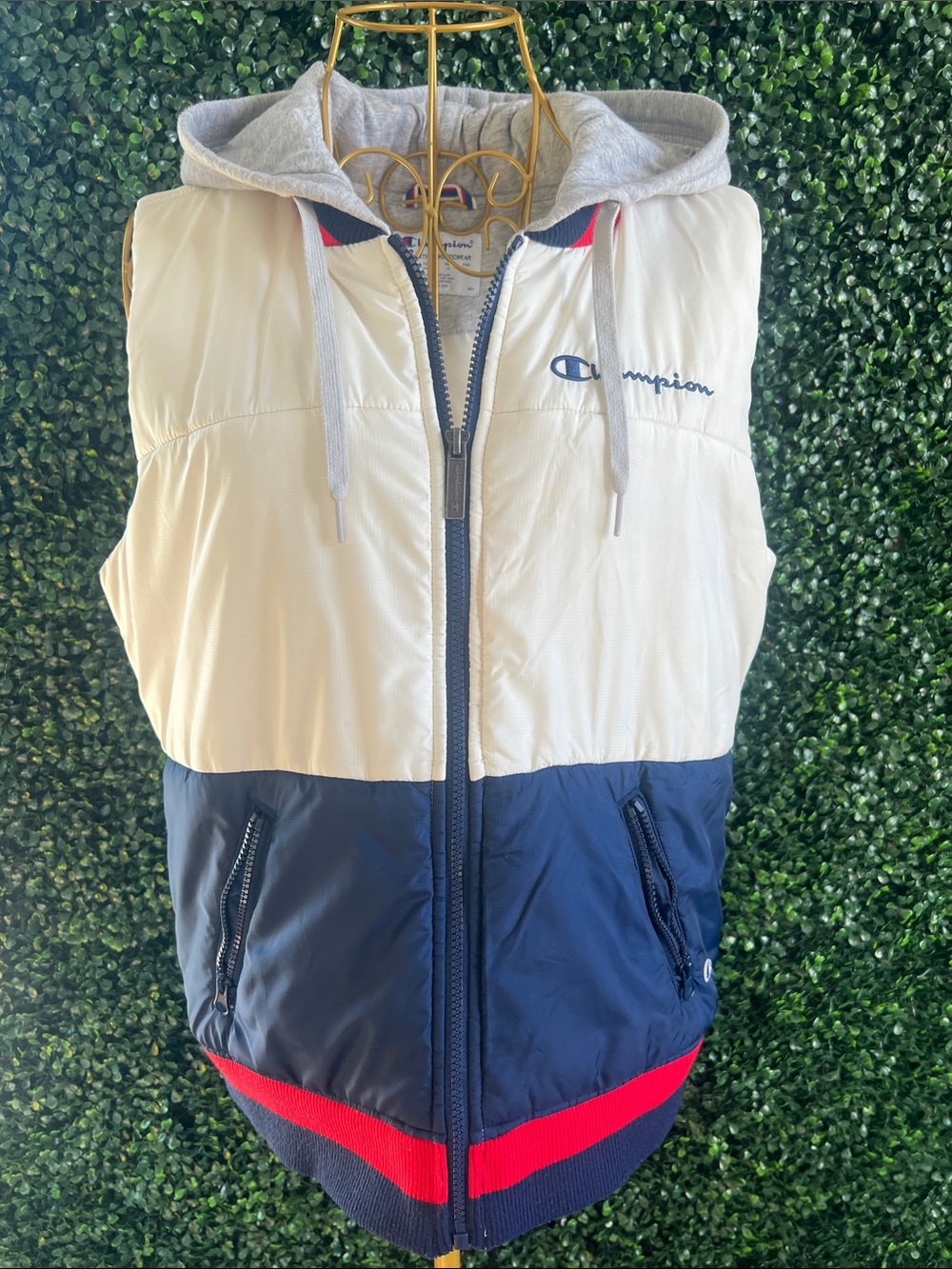 Champion White, Navy & Red Hooded Colorblock Puffer Vest